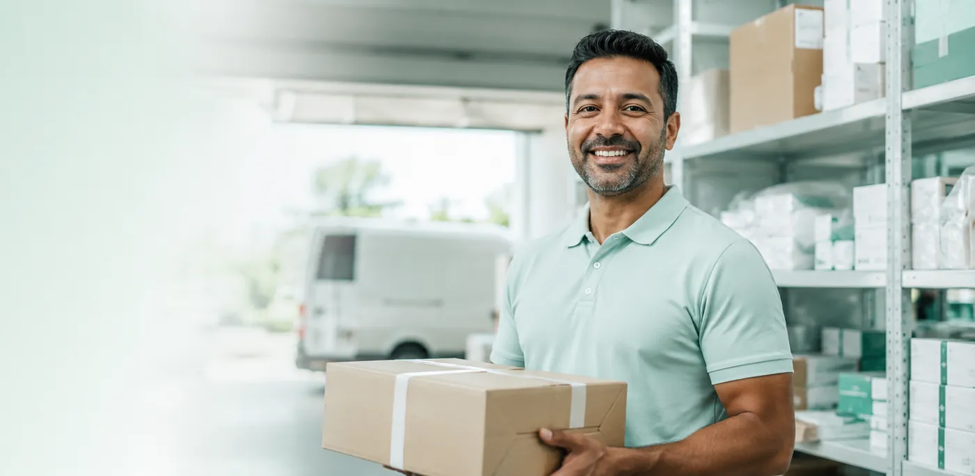 Smiling Button delivery associate holding a ready-to-ship parcel in front of a delivery van at a bright medical-supply dispatch area, conveying fast, reliable nationwide shipping